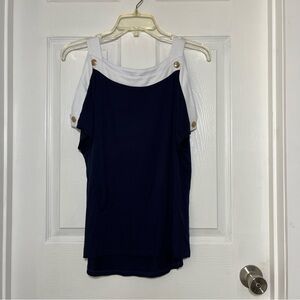 Cable & Gauge Navy and White Cold Shoulder/Split Sleeve top